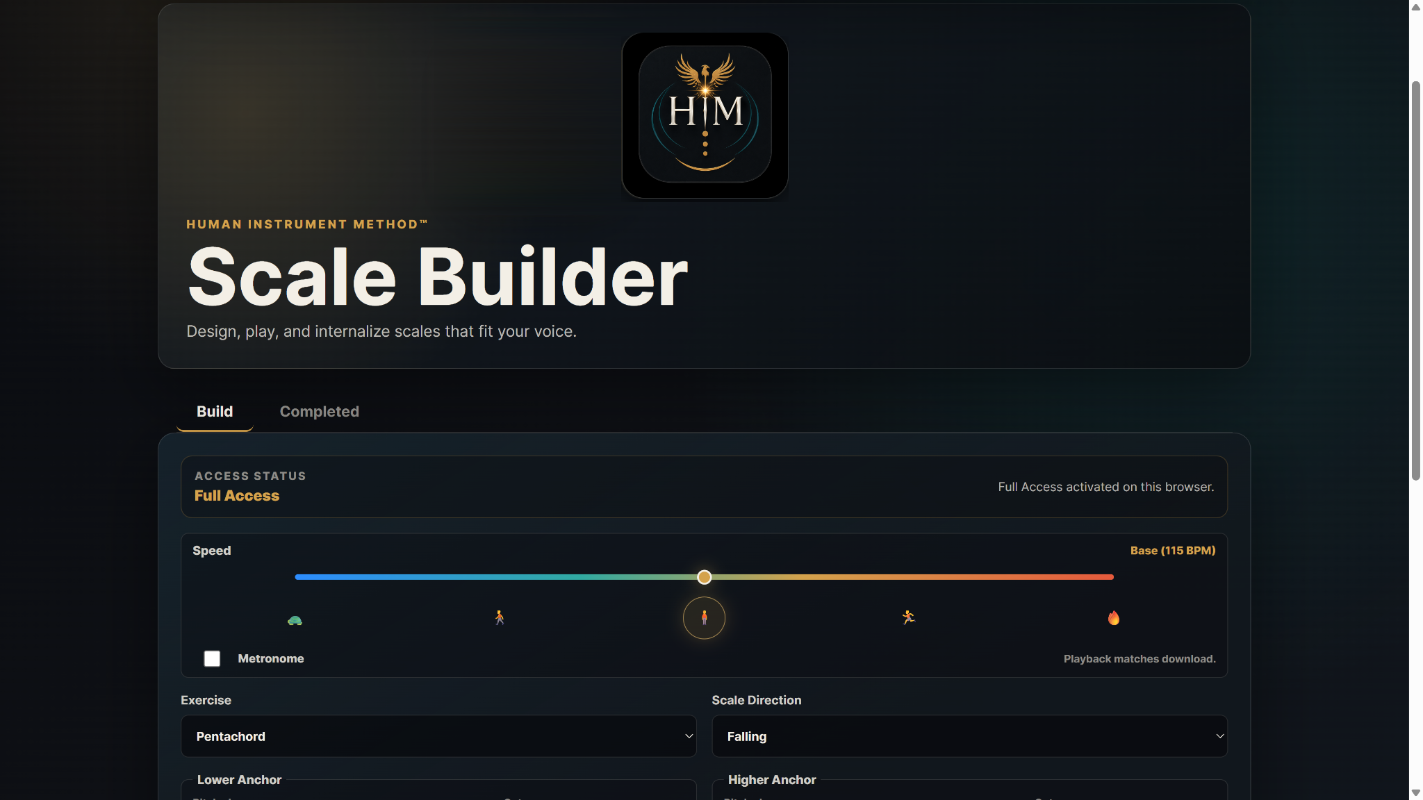 HIM Scale Builder Full Access interface with the HIM icon centered above the build controls