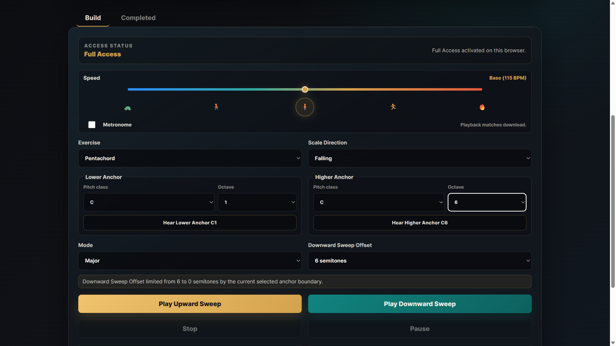 HIM Scale Builder Choose state showing exercise, scale direction, anchors, mode, offset, and playback controls