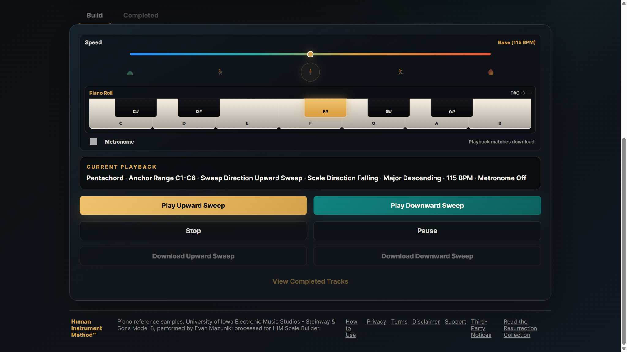 HIM Scale Builder Hear state showing active playback, piano roll, current playback summary, and transport controls