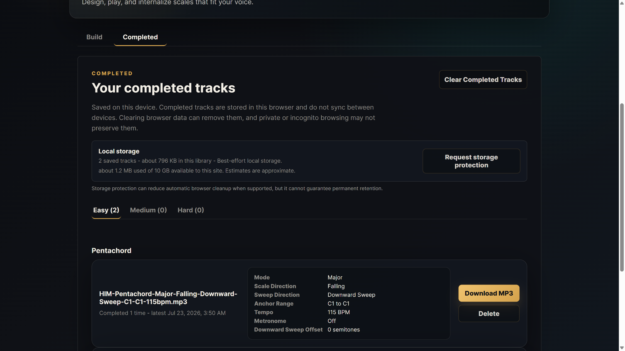 HIM Scale Builder Save state showing the Completed Library with stored track details and Download MP3 controls