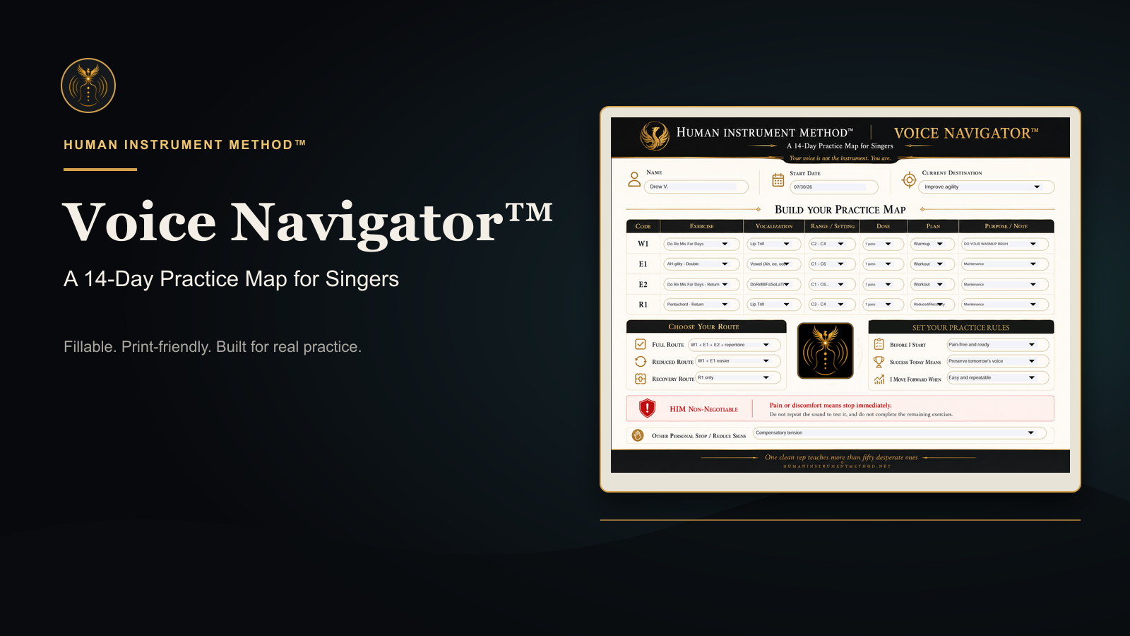Voice Navigator 14-day practice map shown beside Human Instrument Method branding